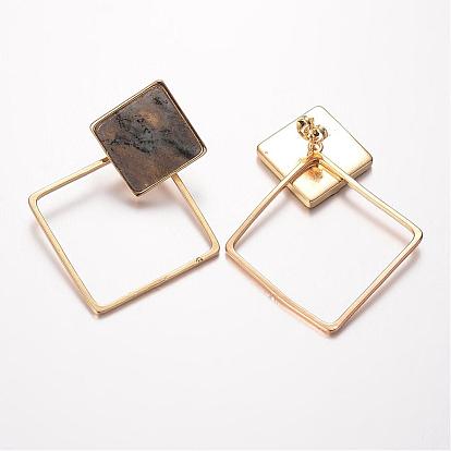 Brass Gemstone Ear Studs, Rhombus, Golden