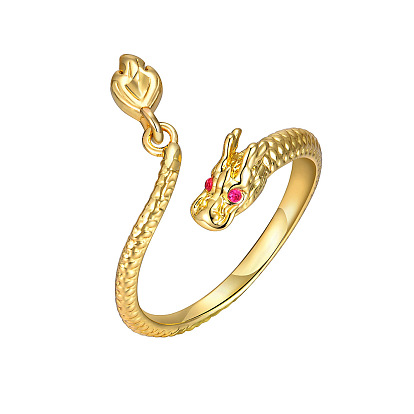 Cubic Zirconia Dragon Charm Finger Ring, Brass Open Cuff Ring