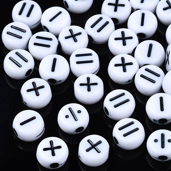 Perles acryliques opaques, rond plat avec symbole arithmétique, blanc
