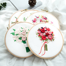 DIY Bouquet Pattern 3D Ribbon Embroidery Kits, Including Printed Cotton Fabric, Embroidery Thread & Needles