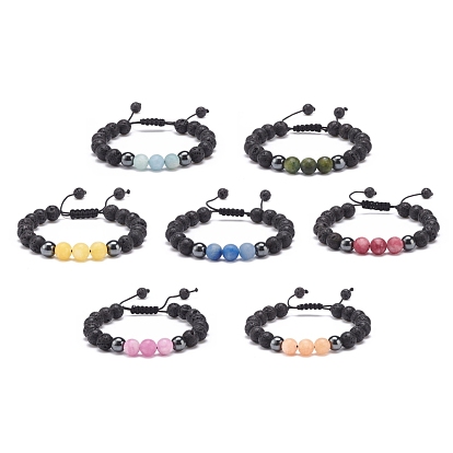 Natural Mixed Gemstone & Lava Rock & Synthetic Hematite Round Braided Bead Bracelet, Essential Oil Gemstone Jewelry for Women