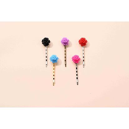 Épingles à cheveux à cheveux de fer, avec cabochons de résine, fleur rose, 55mm