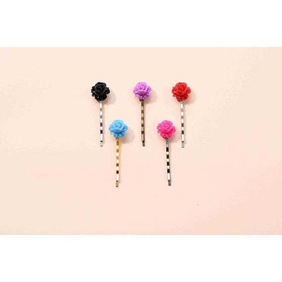 Épingles à cheveux à cheveux de fer, avec cabochons de résine, fleur rose, 55mm