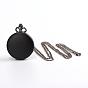 Flat Round Alloy Quartz Pocket Watches, with Iron Chains and Lobster Claw Clasps, 32.2 inch,Watch Head: 57x41x14mm, Watch Face: 32mm