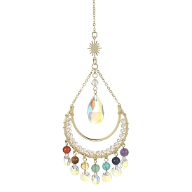 Chakra Gemstone & Brass Moon Pendant Decorations, with Glass Teardrop Charm, for Home Decorations