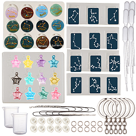 SUNNYCLUE DIY Keychain & Keychain Kit, with Twelve Constellations Silicone Molds, Plastic Transfer Pipettes, Measuring Cup, Latex Finger Cots, Waxed Cotton Cord Necklace, Alloy Keychain Findings