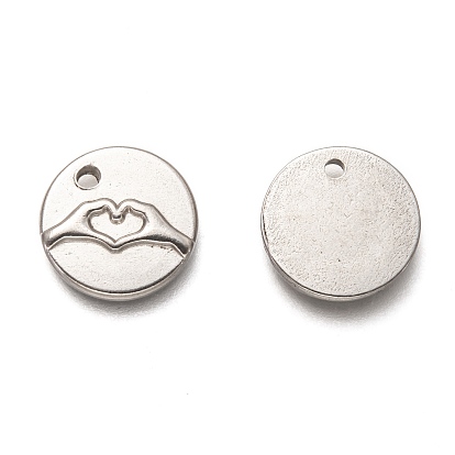 304 Stainless Steel ASL Charms, Flat Round with Finger Heart