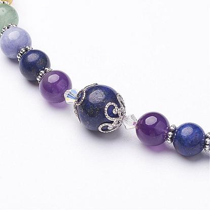 Mixed Gemstone Beaded Necklaces, with Alloy Bead Spacers and Rhinestone Magnetic Clasps
