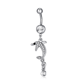 Piercing Jewelry, Brass Cubic Zirconia Navel Ring, Belly Rings, with 304 Stainless Steel Bar, Lead Free & Cadmium Free, Dlophin