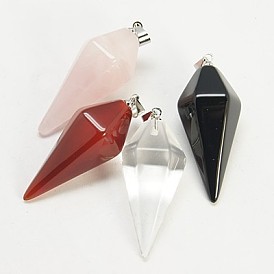 Gemstones Pendants, with Brass Clasp, Faceted Cone Pendulum, 31~37.5x14~16mm, Hole: 1.7mm