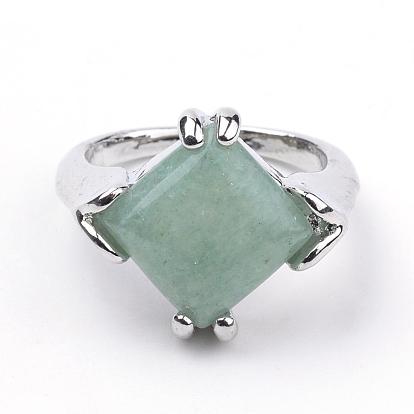 Natural Green Aventurine Rings, with Alloy Findings, Mixed Size, Mixed Shape, Platinum