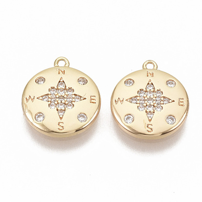 Brass Micro Pave Cubic Zirconia Charms, Nickel Free, Real 18K Gold Plated, Compass