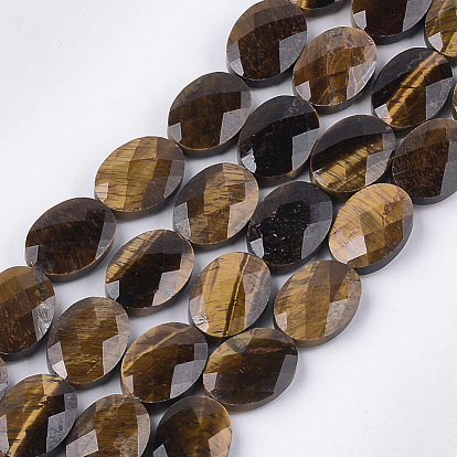 Natural Tiger Eye Beads Strands, Faceted, Oval