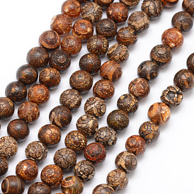 Tibetan Style Wave Pattern dZi Beads, Natural Weathered Agate Bead Strands, Round, Dyed & Heated