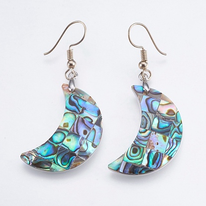 Abalone Shell/Paua Shell Dangle Earrings, with Brass Findings, Moon