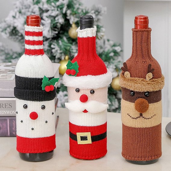Manchon de bouteille de vin en fibre acrylique de Noël, pour l'emballage cadeau de vin décorer, bonhomme de neige/père Noël/élan