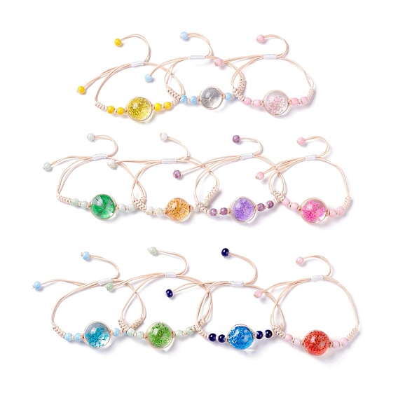 Handmade Dry Pressed Flower Link Bracelet for Girl Women, Babysbreath Glass Cover Beads Adjustable Bracelet