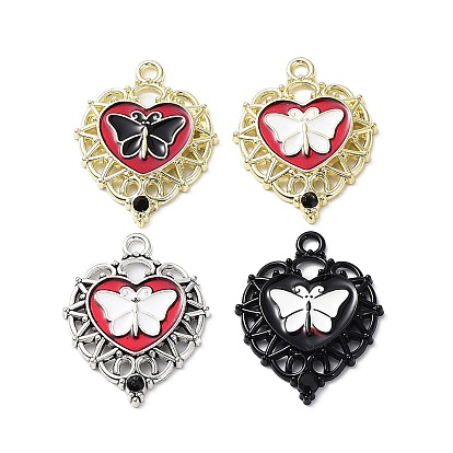 Alloy Enamel Pendants, with Rhinestone, Heart with Butterfly Charm