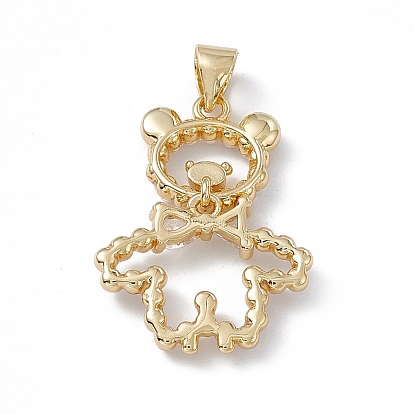 Rack Plating Brass Micro Pave Cubic Zirconia Pendants, with Plastic Imitation Pearl, Cadmium Free & Lead Free, Long-Lasting Plated, Bear Charm
