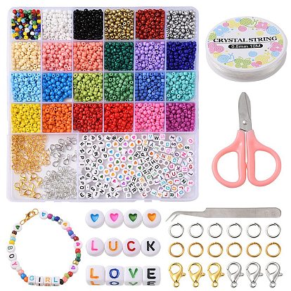 Kit de fabricación de pulseras de bricolaje, incluyendo patrón de cubo y corazón y cuentas de semillas de acrílico y vidrio, broches de aleación, tijeras, pinzas, hilo elástico