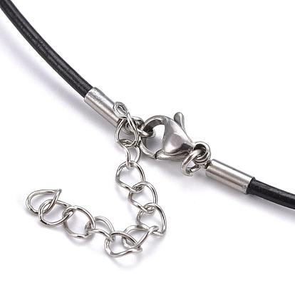 Round Leather Cord Necklaces Making, with 304 Stainless Steel Lobster Claw Clasps and Extender Chain