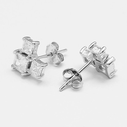 925 Sterling Silver Stud Earrings, with Cubic Zirconia, Three Square