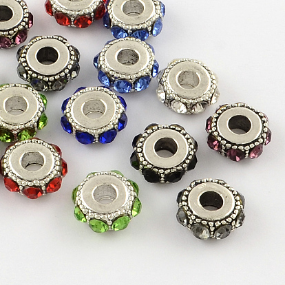 Flat Round Antique Silver Plated Alloy Rhinestone European Beads, Large Hole Beads, 14~15x6~7mm, Hole: 5mm