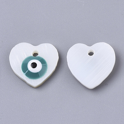 Natural Freshwater Shell Charms, with Enamel, Heart with Evil Eye