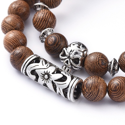 Наборы стрейч браслеты, с бусинами из натурального дерева и бусинами из сплава тибетского стиля, череп и трубка