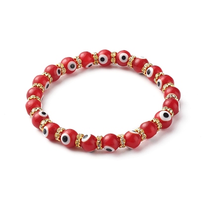 Bracelets extensibles perlés faits à la main au chalumeau mauvais œil, avec des perles de strass rondes en laiton