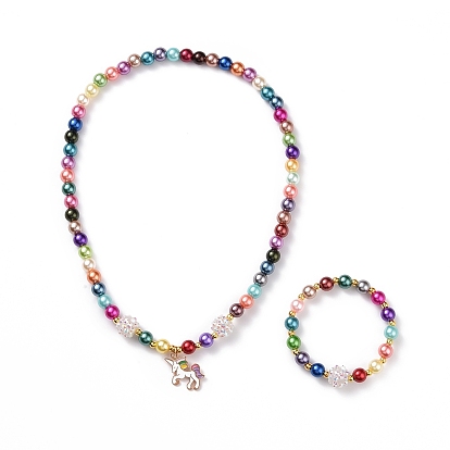 Unicorn Theme Bracelets & Necklaces Sets for Kids, Acrylic Beaded Stretch Bracelets & Alloy Enamel Pendant Necklaces