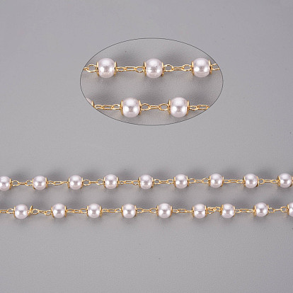 Handmade Brass Cable Chains, with ABS Plastic Imitation Pearl Beads, Soldered, with Spool