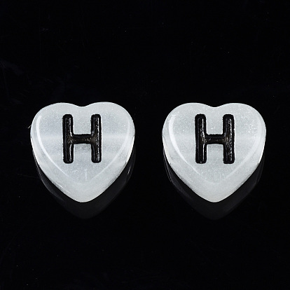 Luminous White Smoke Acrylic Beads, Horizontal Hole, Heart with Mixed Letter