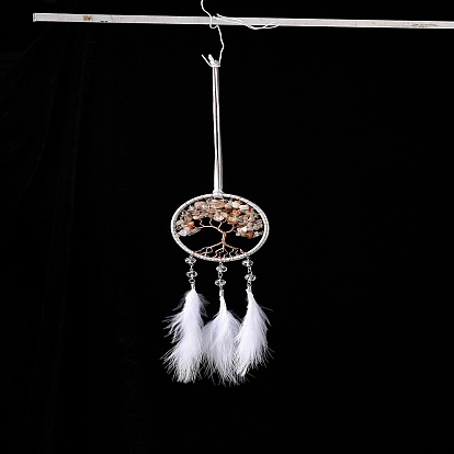 Плетеная паутина/сетка с подвесками из перьев, железная проволока, обернутая смешанным камнем, дерево жизни, подвесные украшения