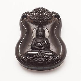 Carved Natural Obsidian Big Pendants, Avalokitesvara