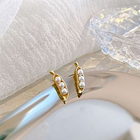 925 Sterling Silver Pea Pod Earrings for Women, Cute and Retro with Pearl Accent