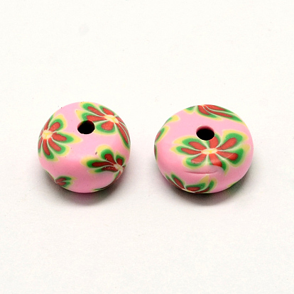 Handmade Polymer Clay Flat Round Beads, with Flower Pattern, 11~12x6~7mm, Hole: 3mm