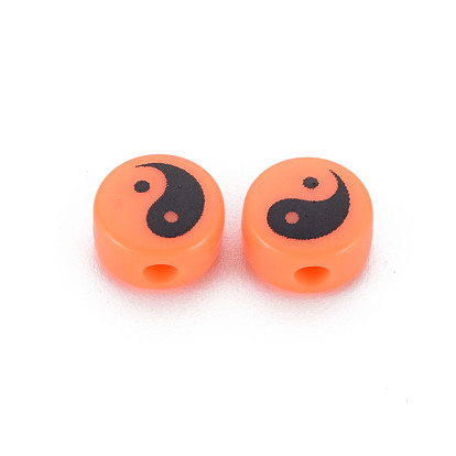 Printed Opaque Acrylic Beads, Flat Round with Yinyang