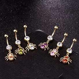 Piercing Jewelry, Brass Cubic Zirconia Navel Ring, Belly Rings, with Surgical Stainless Steel Bar, Cadmium Free & Lead Free, Spider