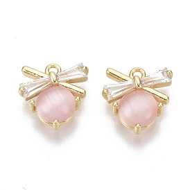 Brass Micro Pave Clear Cubic Zirconia Charms, with Resin Imitation Cat Eye, Bowknot, Nickel Free, Pink