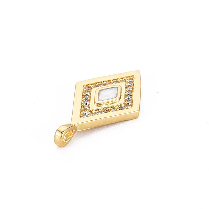 Brass Cubic Zirconia Pendants, with Natural Opal, Real 18K Gold Plated, Rhombus, Nickel Free