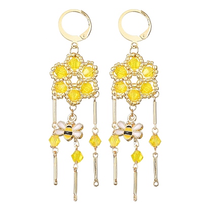Glass Flower & Alloy Enamel Bee Chandelier Earrings, Golden 304 Stainless Steel Tassel Earrings