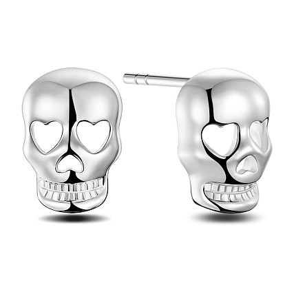 SHEGRACE 925 Sterling Silver Stud Earrings, for Halloween, Skull