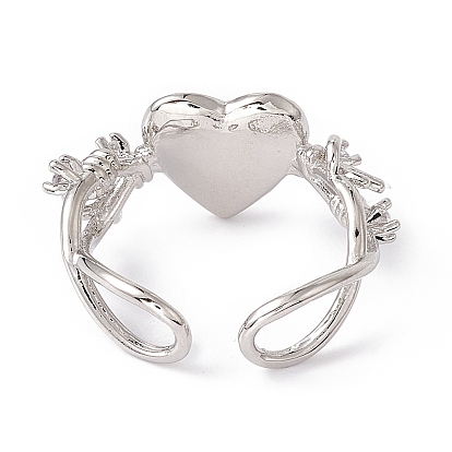 Anillo de puño abierto con corazón de cristal y flor, anillo hueco de latón platino para mujer