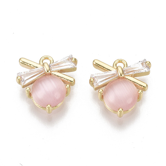 Brass Micro Pave Clear Cubic Zirconia Charms, with Resin Imitation Cat Eye, Bowknot, Nickel Free, Pink