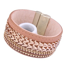 Sparkling Diamond Leather Wide Magnetic Clasp Bracelet for Fashionable Metal Accessory