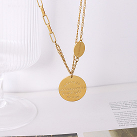 Double-layered OT Buckle Necklace with Round Letter Pendant in Titanium Steel and 18K Gold Plating