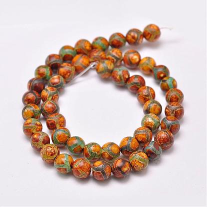 Tibetan Style Turtle Back Pattern dZi Beads Strands, Natural & Dyed Agate Beads, Matte Style, Round