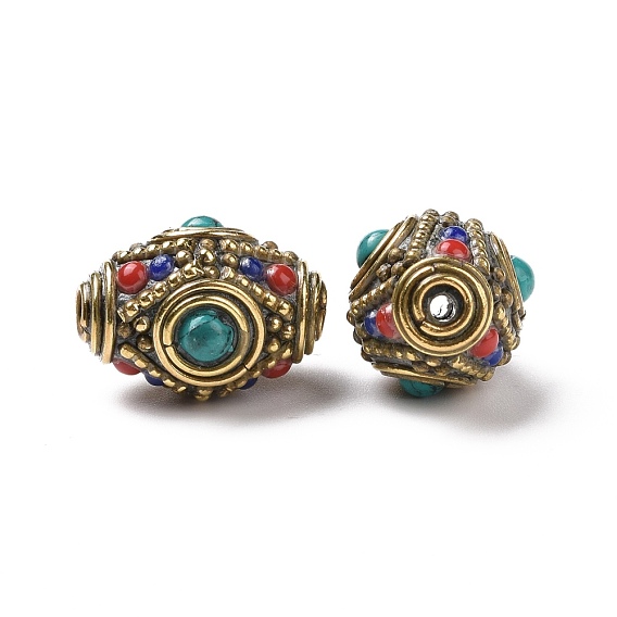 Handmade Tibetan Style Beads, with Brass Findings and Synthetic Turquoise, Oval, Antique Golden