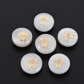 Perles de coquillages naturels d'eau douce, avec des ornements en métal en laiton doré, plat et circulaire avec tortue